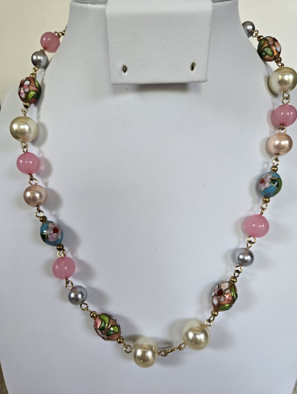N-122-Vintage Pink Multi-Bead Necklace - Floral Cloisonné & Faux Pearls